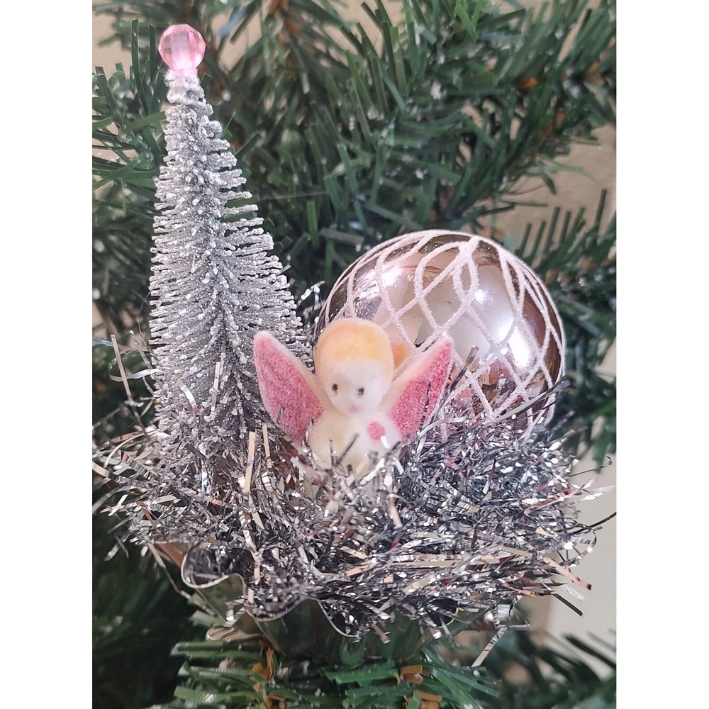Vintage Flocked Angel Clip On Christmas Ornament Glass Ball Tinsel Sisal Tree O2